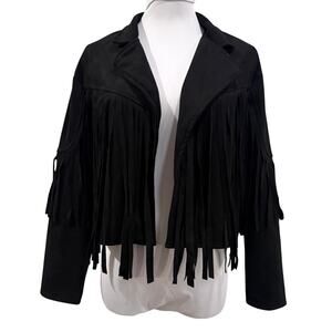 SHEIN Black Faux Suede Fringe Jacket Small Western Cowgirl Boho Festival Retro